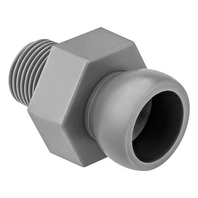 a plastik-made light-grey threaded nipple of the Aqua-Loc modular coolant hose series, with 3/8" thread at the rear, a hexagonal in the middle and ballhead hinge at the front for conducting cutting coolant liquids, isolated on white background