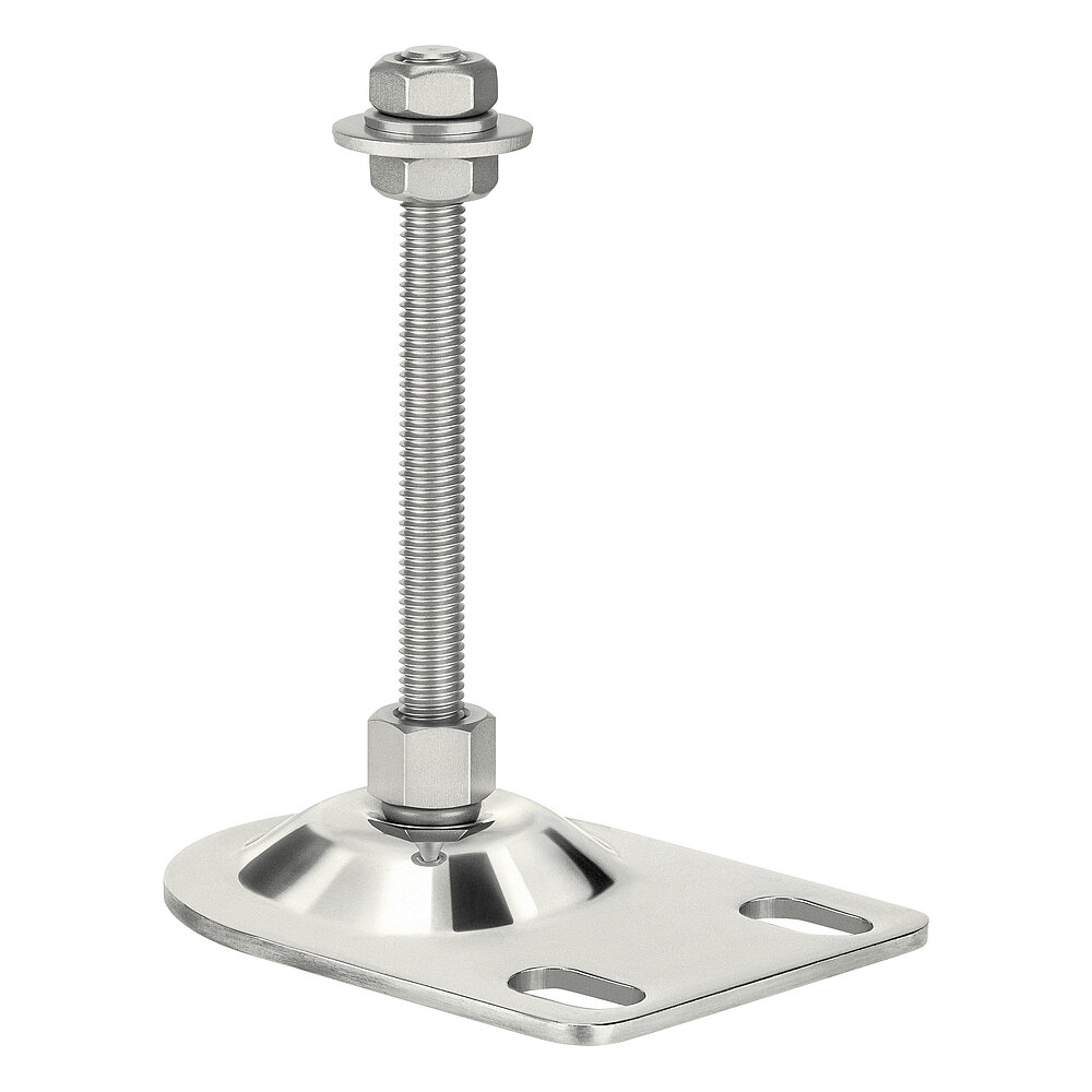 an elongated machine foot made of shiny stainless steel with oblong holes for floor-fastening and thread M10x100 mm in a pendulum-action cap nut, isolated on white background