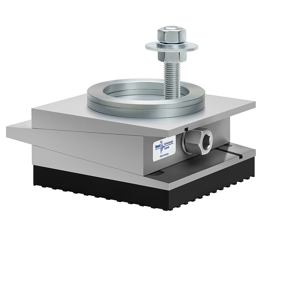 a square, height-adjustable machine mount made of precision-milled metal, adjusted in maximum height position, consisting of top, middle and bottom part lacquered in silver colour, with the wedge-shaped middle part featuring a protruding centered hexagonal screw for height adjustment, an angular compensation calotte consisting of two spherical, aligned metal rings fastened onto the top part, a fastening screw fastened in the bottom part and a thick black elastomer with structured surface for vibration isolation at the bottom, isolated on white background