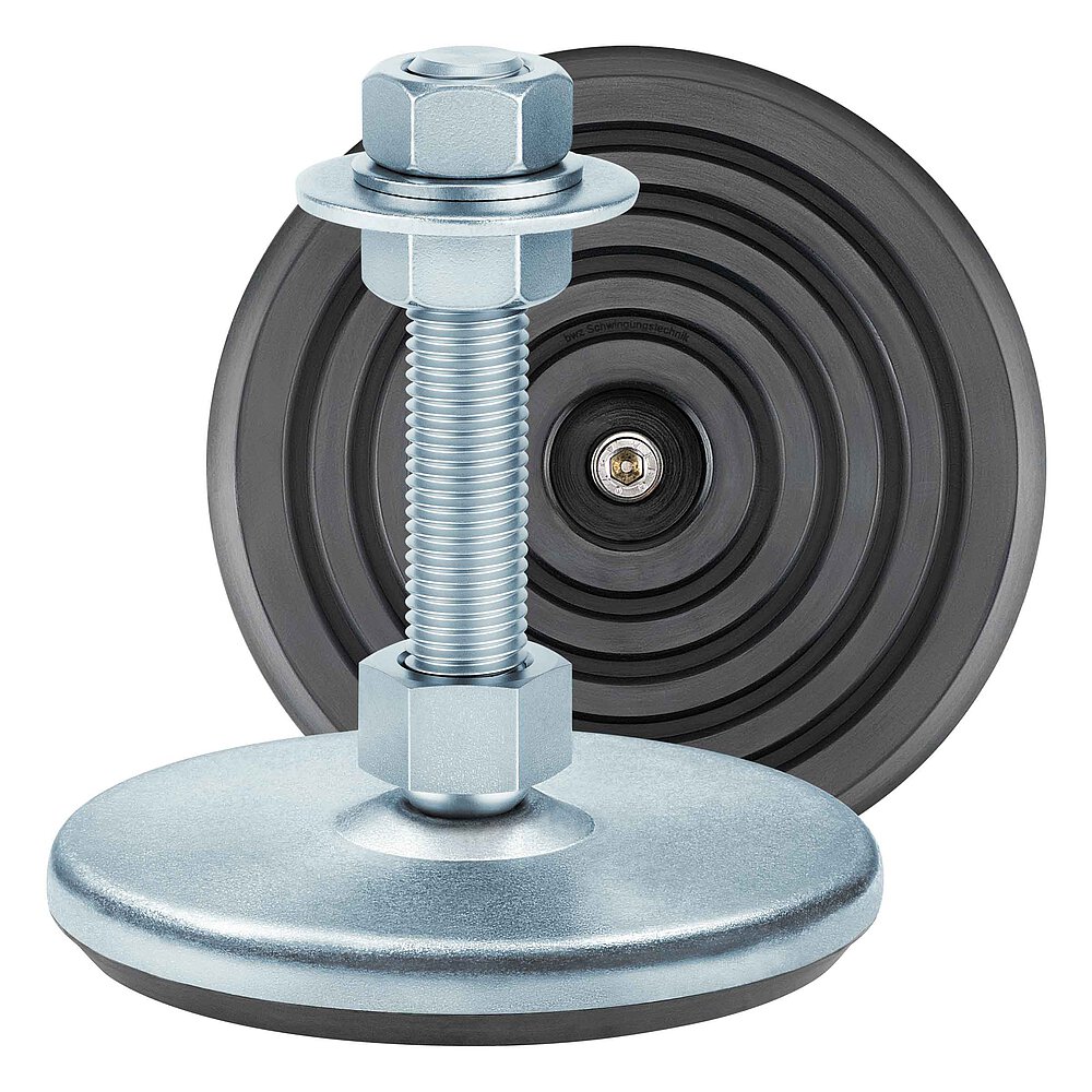 a machine foot made of bluish-shiny zinc-coated steel with 135 mm diameter at the base, thread M20x100 mm in a pendulum-action cap nut atop the base plate and additional flat-lay view of the black elastomer NBR with concentric non-slip protection profile underneath the base plate, isolated on white background