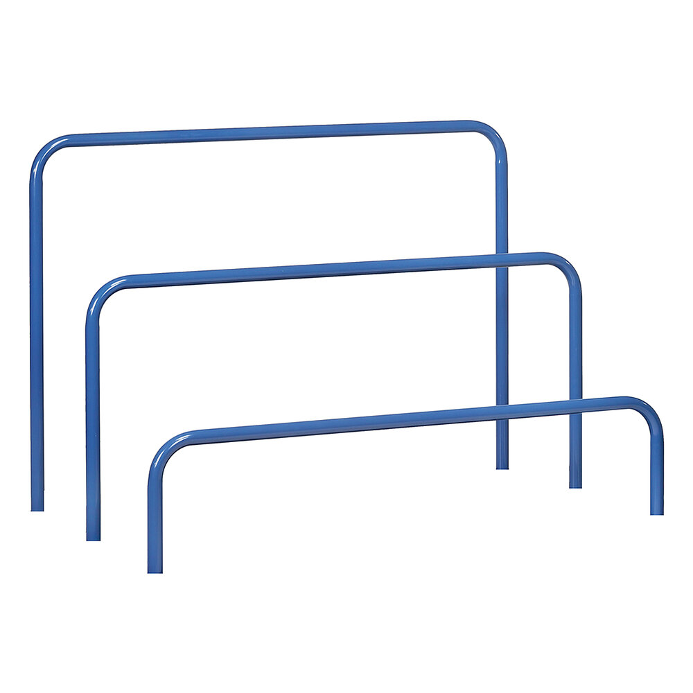 drei blaue FETRA® Bügel aus Metall zum einstecken in Plattenwagen und Plattenständer auf weißem Hintergrund