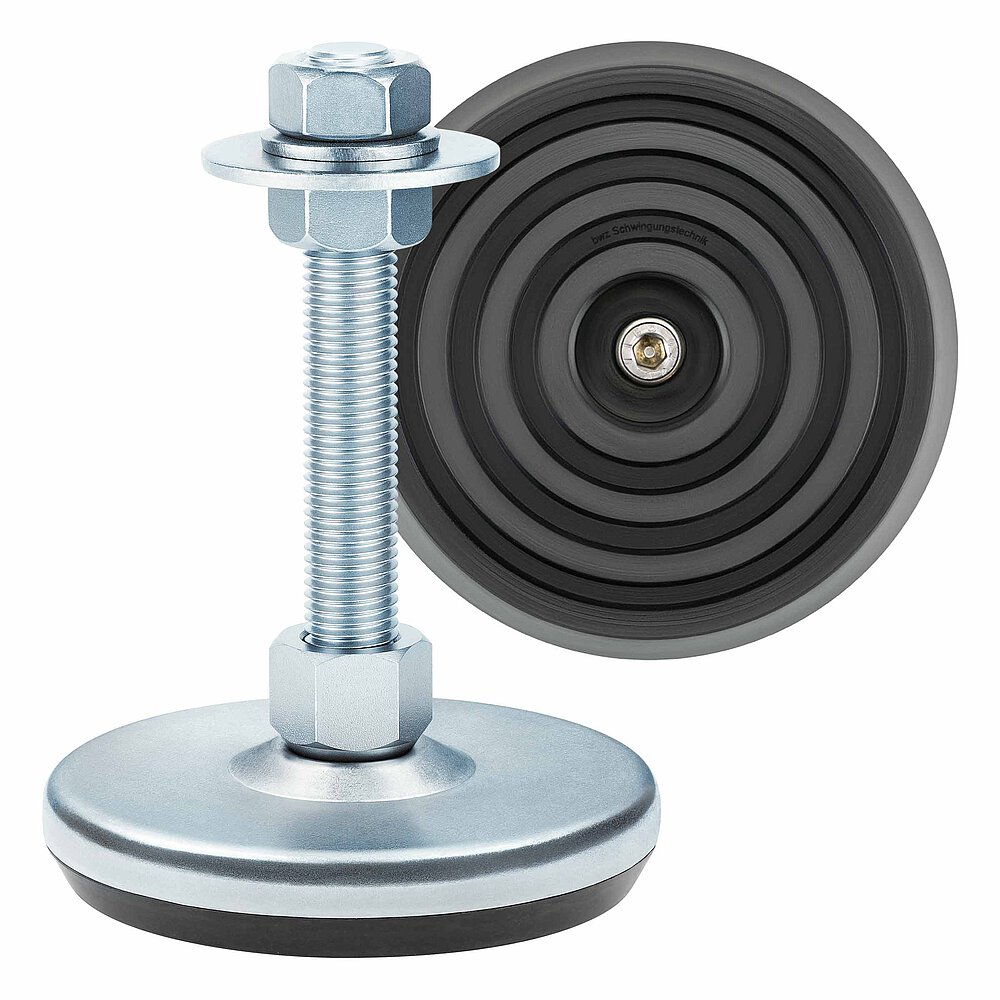 a machine foot made of bluish-shiny zinc-coated steel with 105 mm diameter at the base, thread M16x100 mm in a pendulum-action cap nut atop the base plate and additional flat-lay view of the black elastomer NBR with concentric non-slip protection profile underneath the base plate, isolated on white background