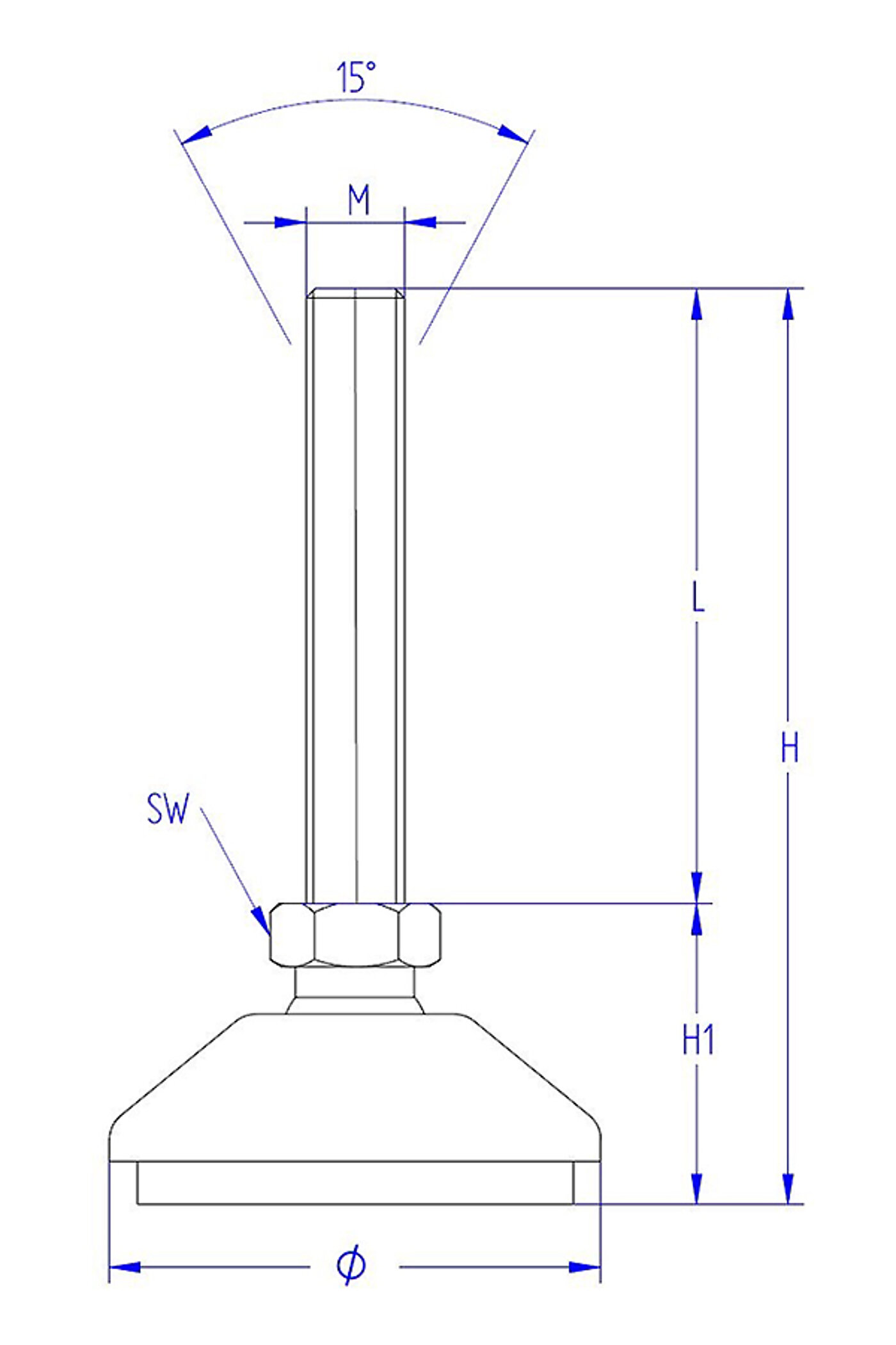 schematic drawing of a round, upwards conically tapering machine foot made of composite material, with elastomer NBR for non-slip protection at the bottom and stainless steel thread in a pendulum-action ( ca. 15 degrees ) hexagonal spanner flat ball joint, in the side view