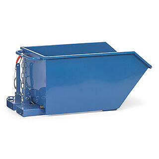 ein blauer FETRA® Kippbehälter aus Stahl mit Taschen für Gabelstaplerzinken auf weißem Hintergrund