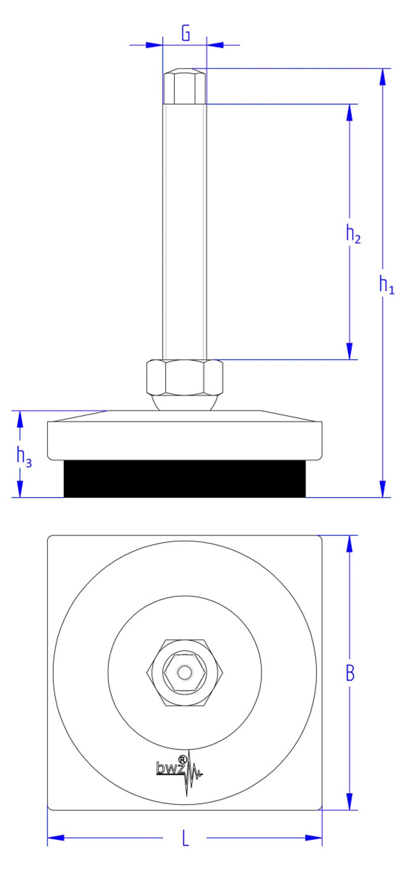 schematic drawing of a square levelling element made of cast iron, with a pendulum-action levelling screw with a hexagonal spanner flat at the top end, placed in a hexagonal cap nut sitting on top of the cast iron corpus, with the corpus and cap nut tightly connected to each other against falling apart, and elastomer for vibration damping at the bottom, in the side view and the view from the top