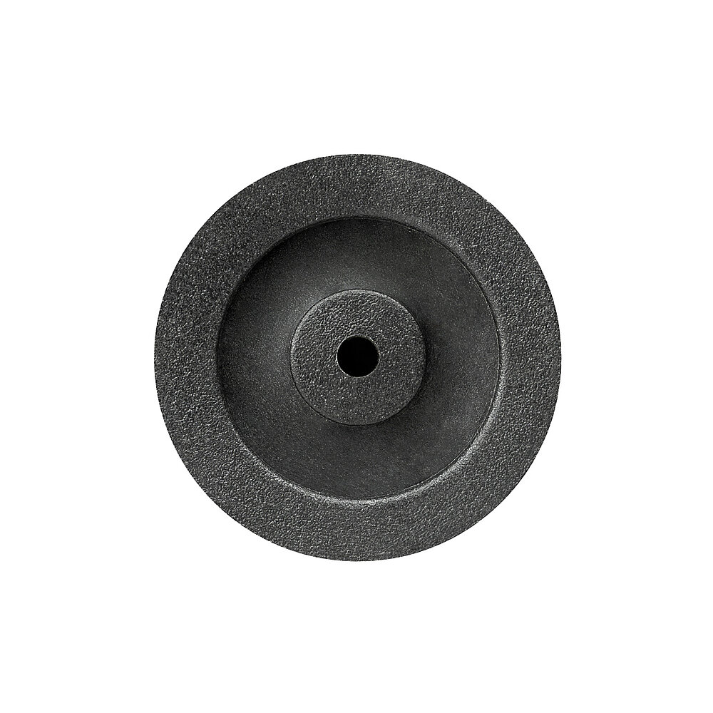 Unterseite eines runden einschraubbaren Gerätefußes aus schwarzem Thermoplast-Elastomer mit 30 mm Durchmesser und zwei konzentrischen Gleitschutzringen auf weißem Hintergrund