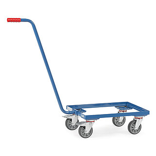 ein blauer FETRA® Handwagen mit langem Griff für Eurokästen auf weißem Hintergrund