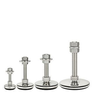 a group picture of four machine feet made of matte-shiny stainless steel with various diameters at the base, each with a thread in a pendulum-action cap nut atop the base plate and black elastomer NBR underneath the base plate, isolated on white background