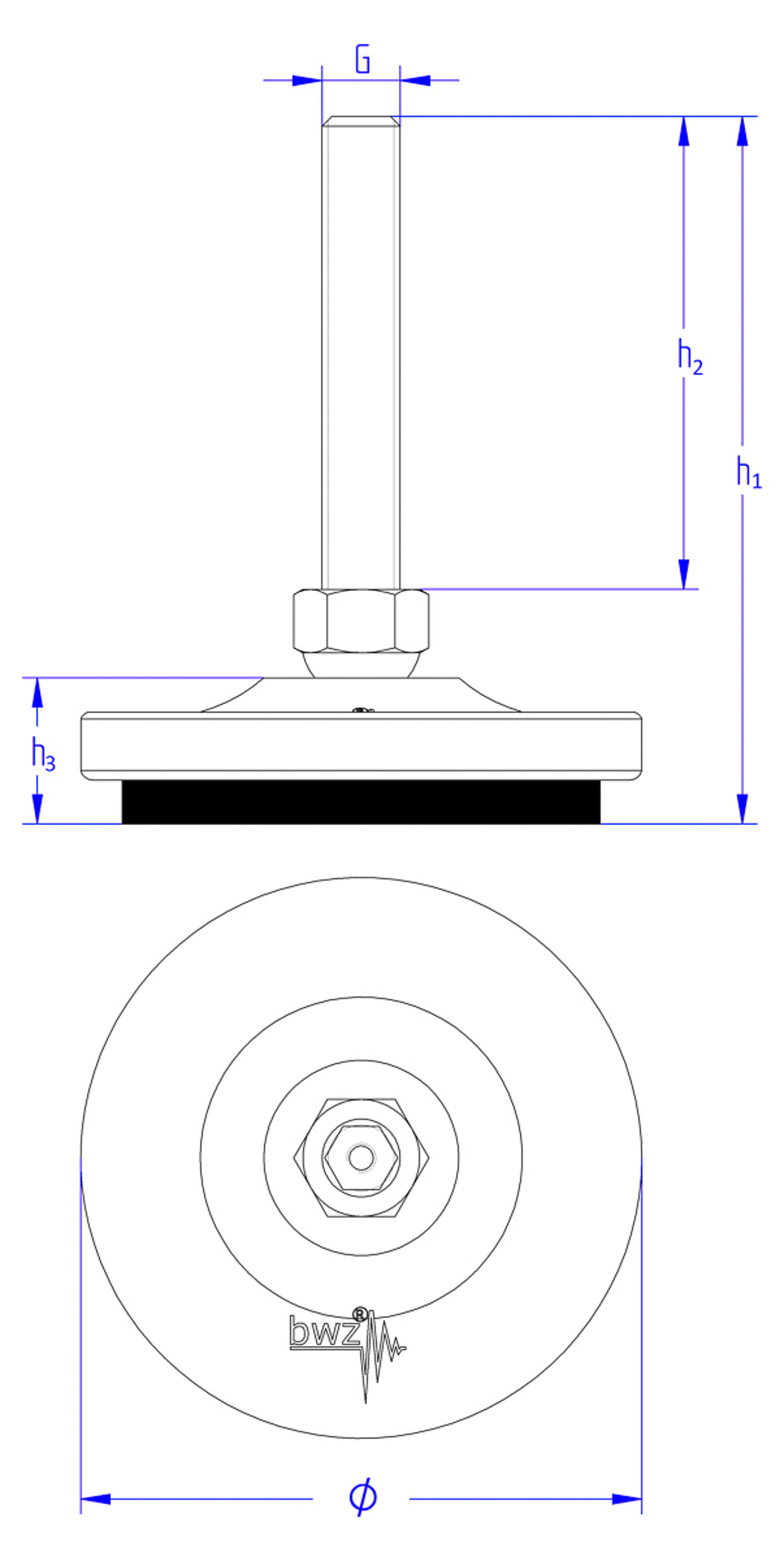 schematic drawing of a round levelling element made of cast iron, with a pendulum-action levelling screw placed in a hexagonal cap nut on top of the cast iron corpus, with the corpus and cap nut tightly connected to each other against falling apart, and elastomer for vibration damping at the bottom, in the side view and the view from the top