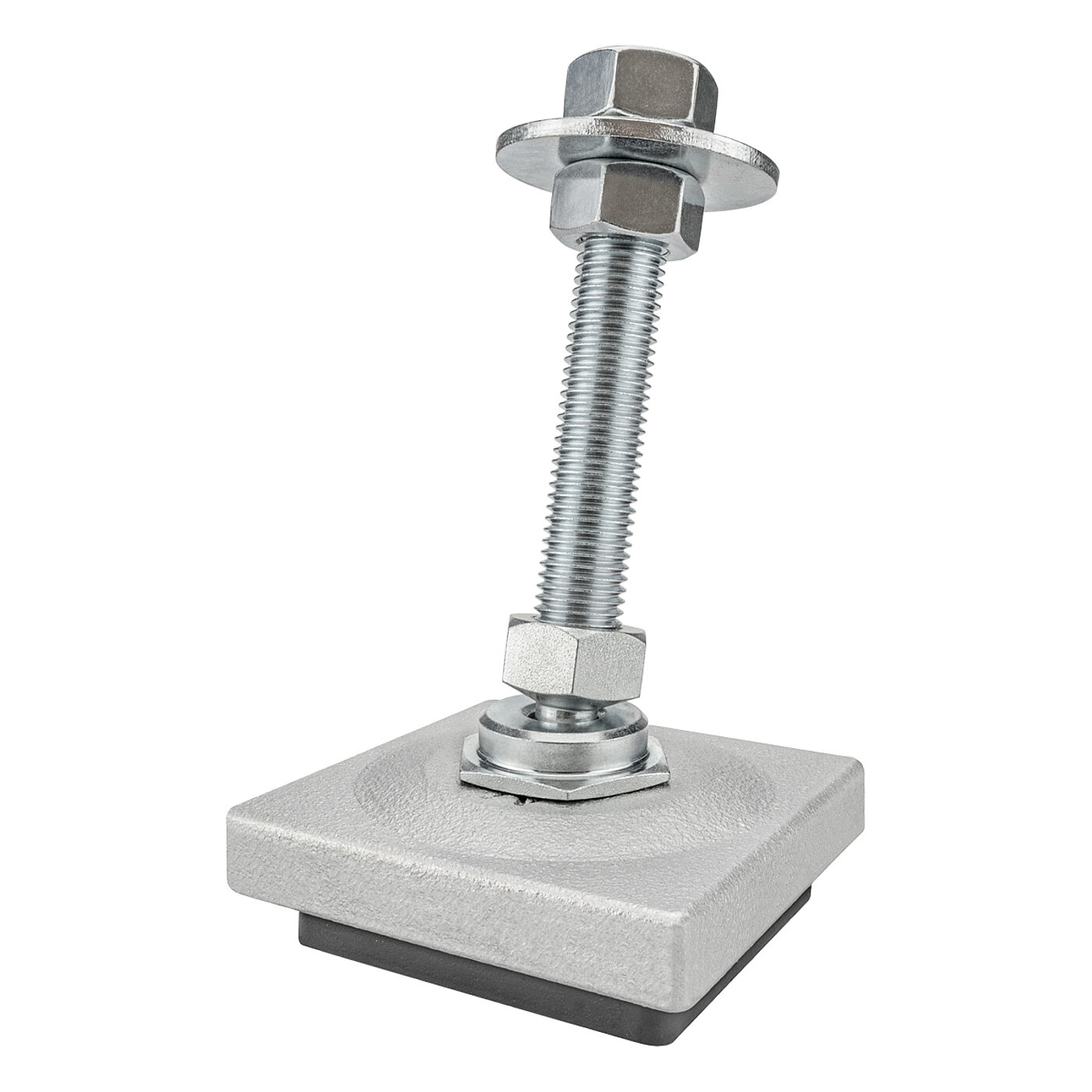 a square, silver-lacquered levelling element made of cast iron, with a pendulum-action zinc-coated levelling screw placed in a pressure fitting with safety ring on top of the cast iron corpus, and black elastomer for vibration damping at the bottom, isolated on white background