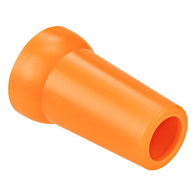 a plastik-made orange-coloured nozzle of the Aqua-Loc modular coolant hose series with click-action ballhead hinge at the rear and conical-shaped nozzle ending at the front, featuring an opening of 12 mm for conducting cutting coolant liquids, isolated on white background