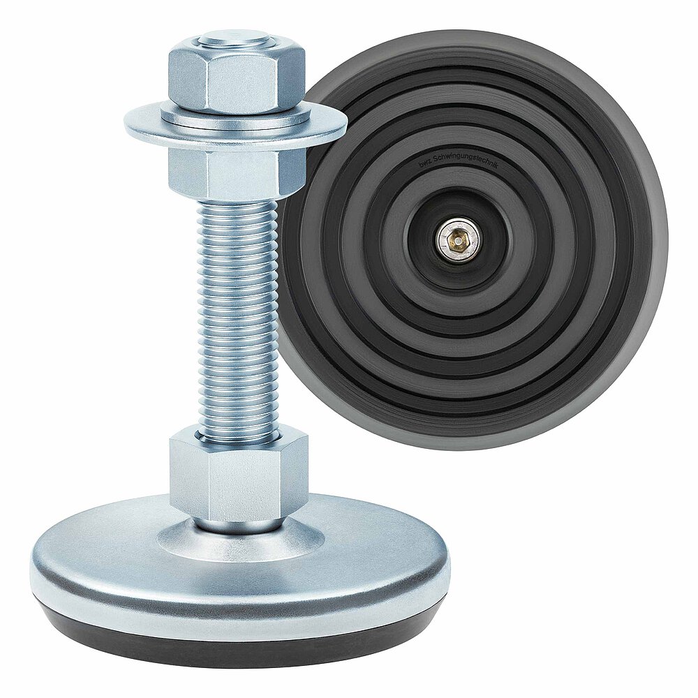 a machine foot made of bluish-shiny zinc-coated steel with 105 mm diameter at the base, thread M20x100 mm in a pendulum-action cap nut atop the base plate and additional flat-lay view of the black elastomer NBR with concentric non-slip protection profile underneath the base plate, isolated on white background