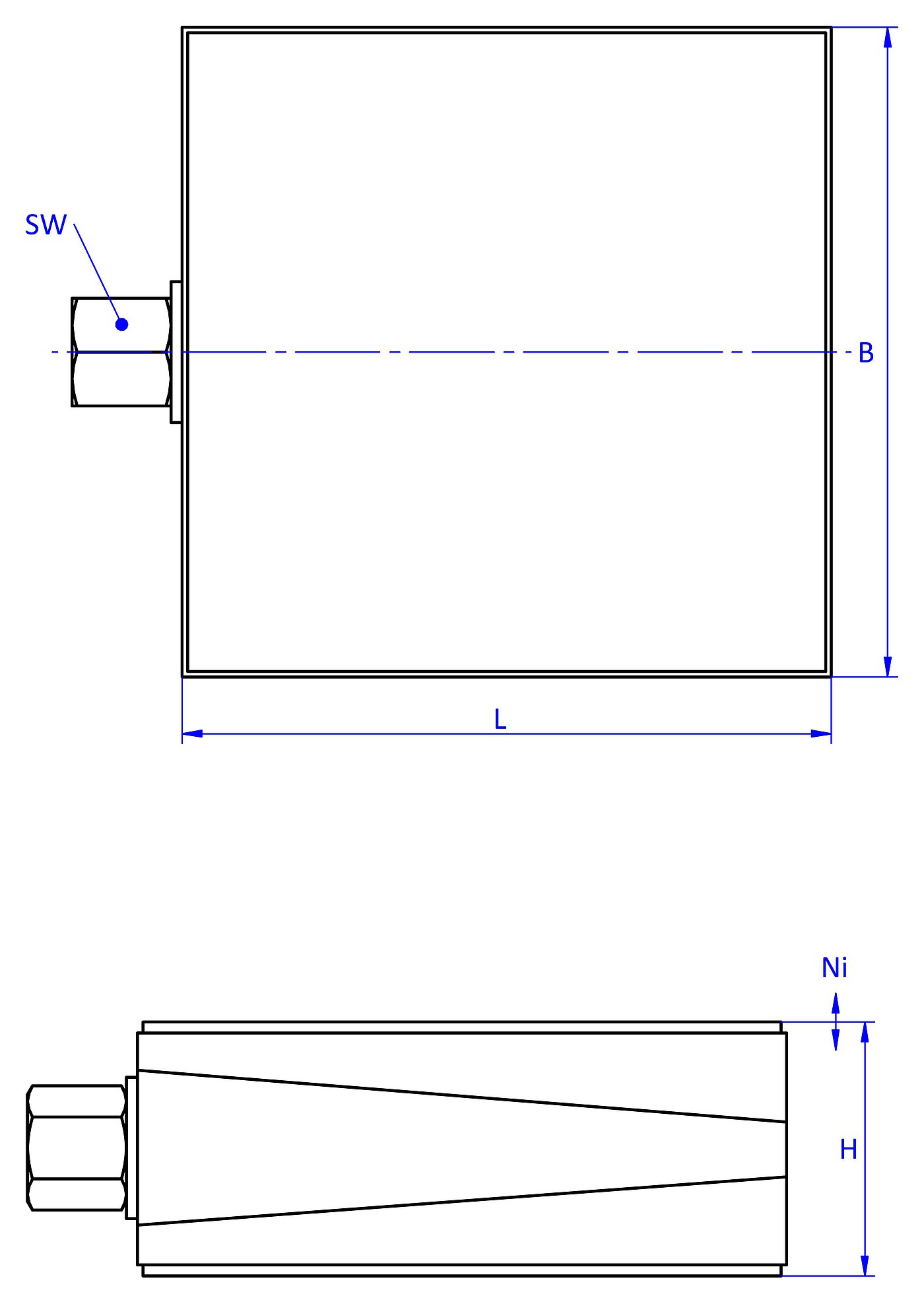 schematische Zeichnung eines freistehenden Maschinenschuhs, in der Draufsicht mit dünnem Elastomer ohne Profilierung auf dem Oberteil für Gleitschutz, und in der Seitenansicht zusätzlich mit dünnem Elastomer ohne Profilierung für Gleitschutz unten