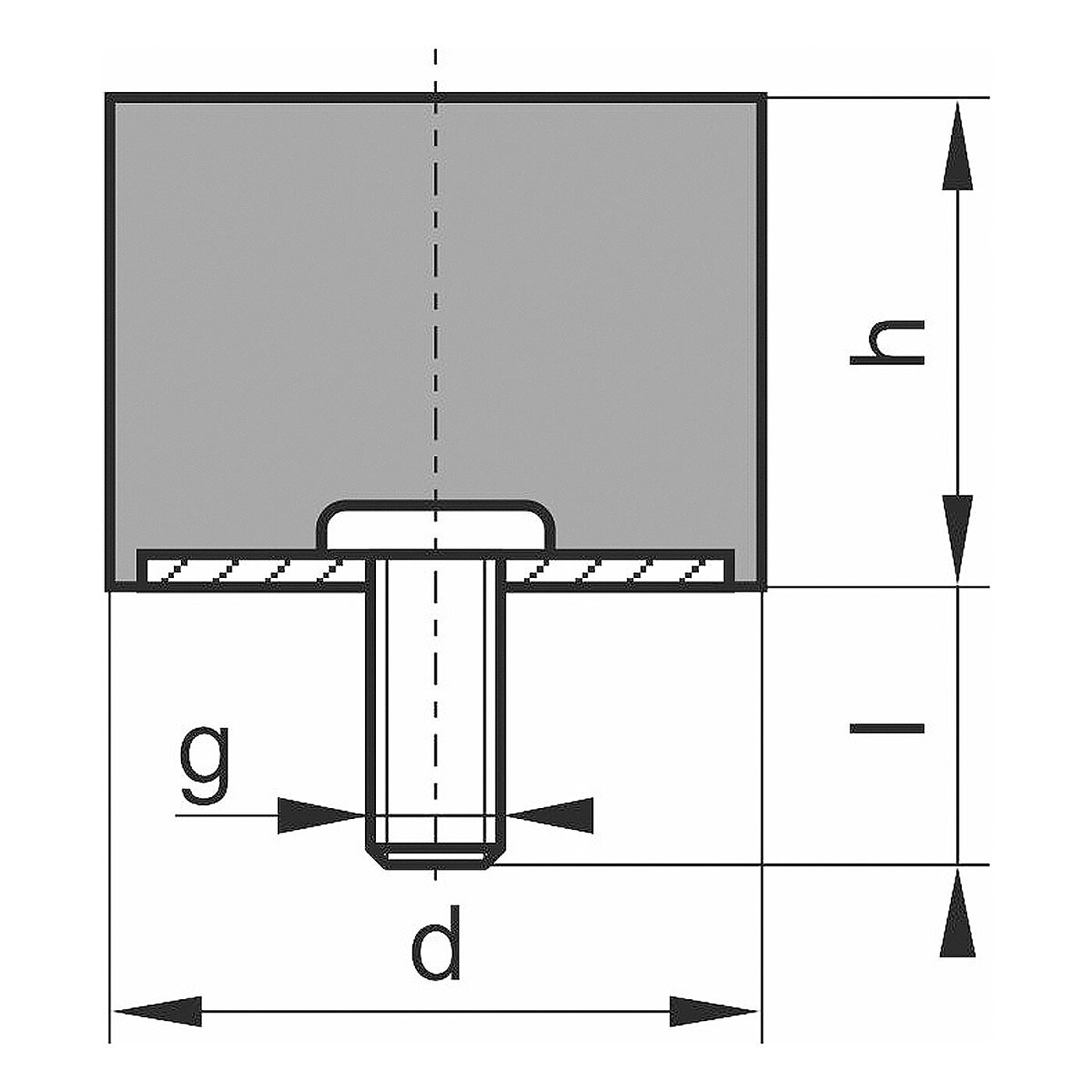 schematische Zeichnung eines Gummi-Metall-Elementes mit einseitigem Außengewinde und zylindrischem Elastomerkorpus