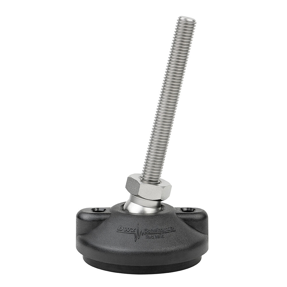 a round, upwards conically tapering machine foot made of black composite material with 80 mm diameter at the base, black elastomer NBR for non-slip protection at the bottom, two cusped elevations with boreholes for ground-fastening at the sides, and slightly to the right tilted stainless steel thread M12x100 mm in a pendulum-action hexagonal spanner flat ball joint, isolated on white background