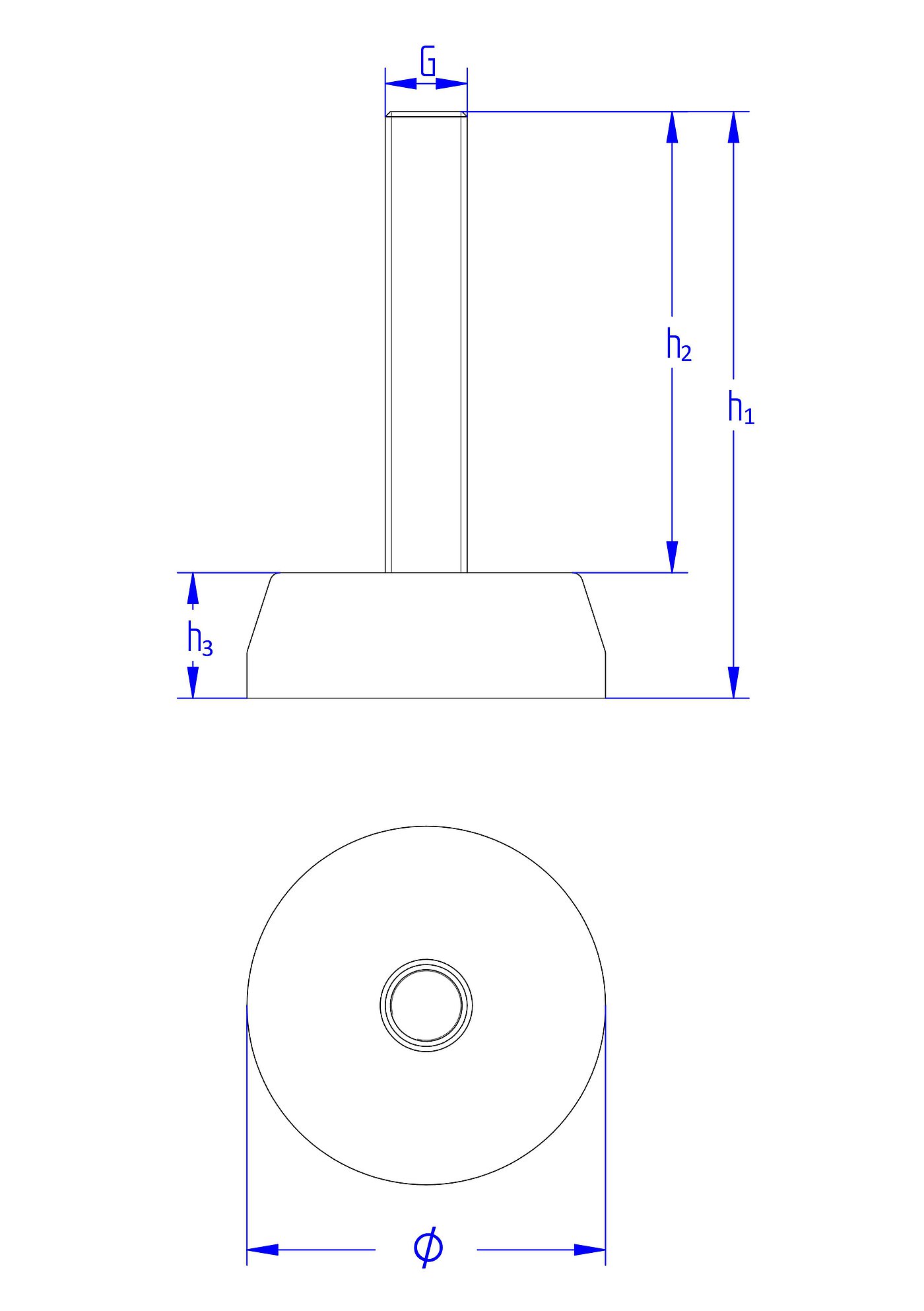schematische Zeichnung eines runden einschraubbaren Gerätefußes mit 70 mm Durchmesser und fest eingebetteter Nivellierschraube in der Seitenansicht und in der Draufsicht