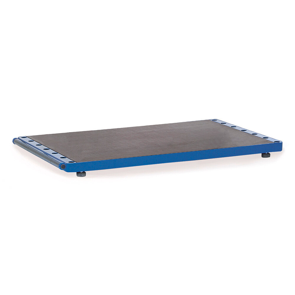 ein blauer FETRA® Plattenständer für Einsteckbügel mit brauner Holzplattform auf weißem Hintergrund