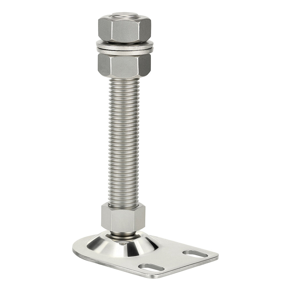 an elongated machine foot made of shiny stainless steel with oblong holes for floor-fastening and thread M24 x 150 mm in a pendulum-action cap nut, isolated on white background