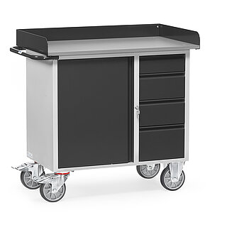 ein grauer FETRA® Werkstattwagen mit 4 Schubladen, 1 Schranktür und Abrollrand auf weißem Hintergrund