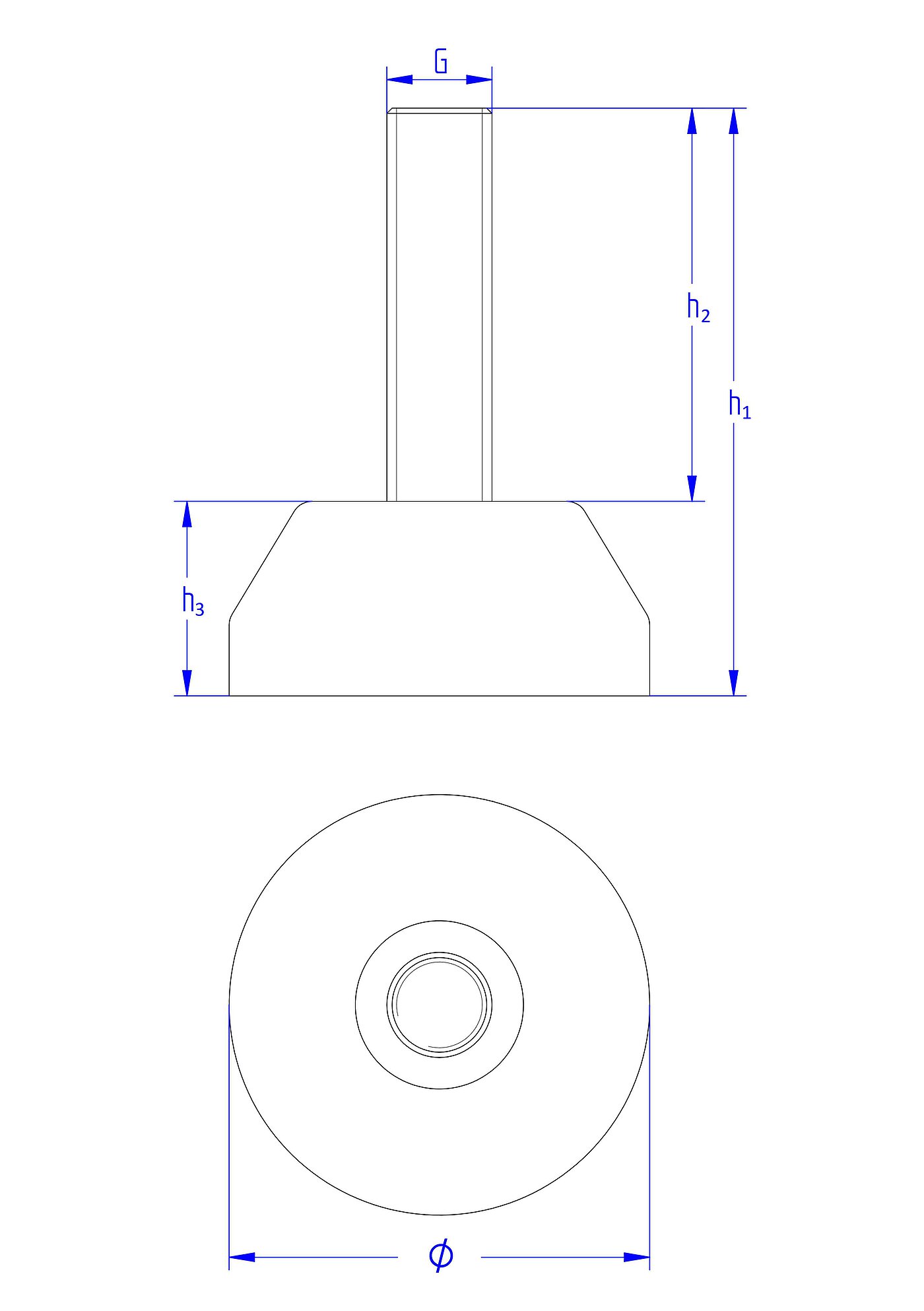 schematische Zeichnung eines runden einschraubbaren Gerätefußes mit 40 mm Durchmesser und fest eingebetteter Nivellierschraube in der Seitenansicht und in der Draufsicht
