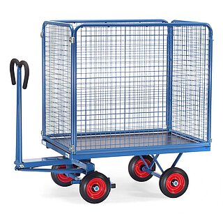 ein blauer FETRA® Handpritschenwagen mit rundum verlaufenden 1000 mm hohen Drahtgitterwänden und Vollgummi-Bereifung auf weißem Hintergrund