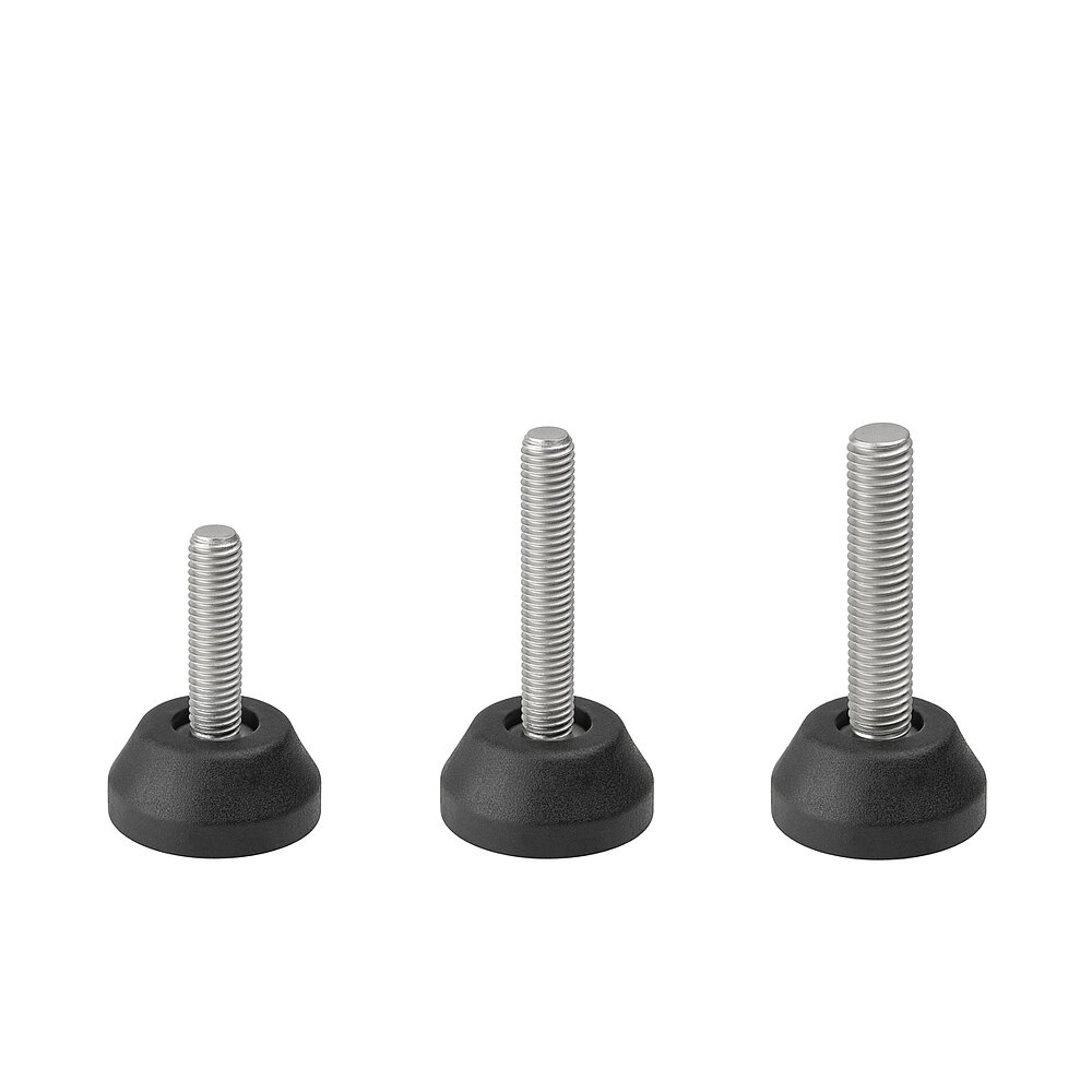 a composition of three round screw-in action levelling feet for machinery and appliances, made of black thermoplast elastomer, each with a diameter of 40 mm and each with a tightly plastic-injection-moulded levelling screw of various lengths and strengths, in the view from askew and from above, isolated on white background