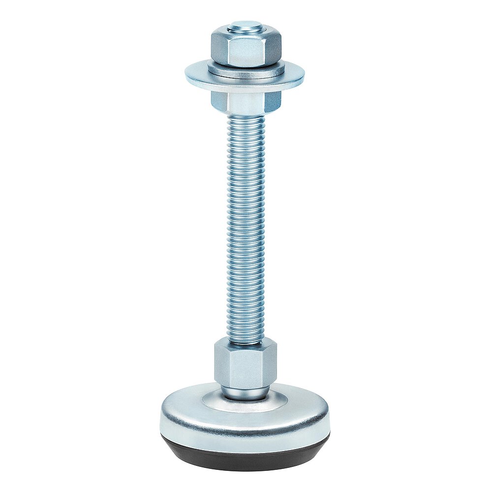 a machine foot made of bluish-shiny zinc-coated steel with 52 mm diameter at the base, thread M12x100 mm in a pendulum-action cap nut atop the base plate and black elastomer NBR underneath the base plate, isolated on white background