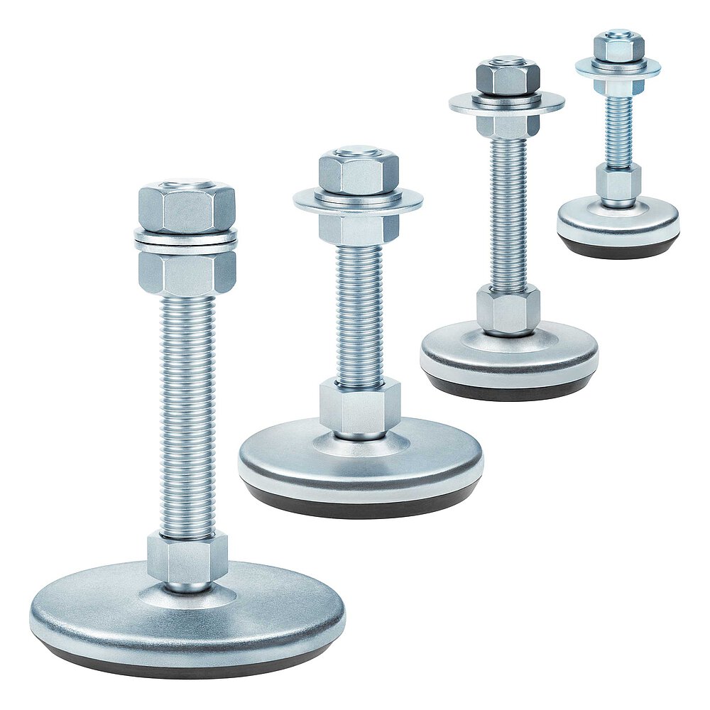 a group picture of four machine feet made of bluish-shiny zinc-coated steel with various diameters at the base, each with a differently sized thread in a pendulum-action cap nut atop the base plate and black elastomer NBR underneath the base plate, isolated on white background