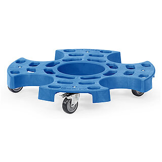 ein blauer FETRA® Reifen-Roller aus Kunststoff mit einer Materialmulde in der Mitte und 4 freidrehenden, feststellbaren Rollen, auf weißem Hintergrund