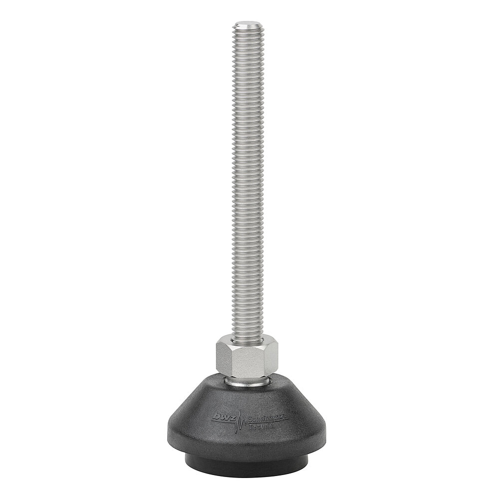 a round, upwards conically tapering machine foot made of black composite material with 50 mm diameter at the base, black elastomer NBR for non-slip protection at the bottom and vertically upward facing stainless steel thread M10x100 mm in a pendulum-action hexagonal spanner flat ball joint, isolated on white background