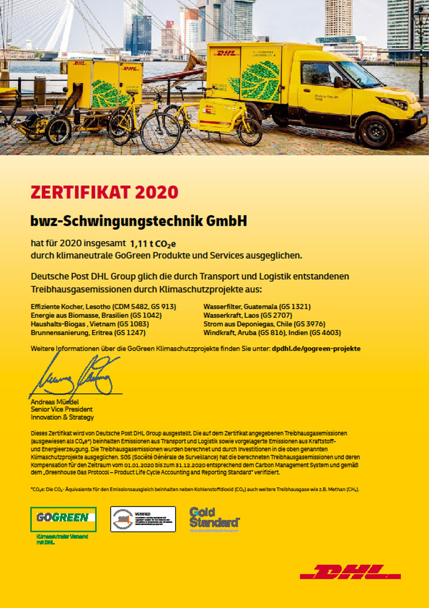 bwz Schwingungstechnik 1,11t CO²e-Einsparung 2020 durch DHL GOGREEN