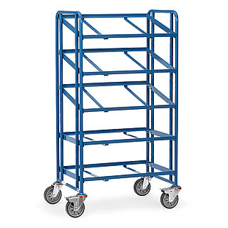 ein blauer FETRA® Wagen für Eurokästen mit fünf Etagen, davon drei schräg, auf weißem Hintergrund