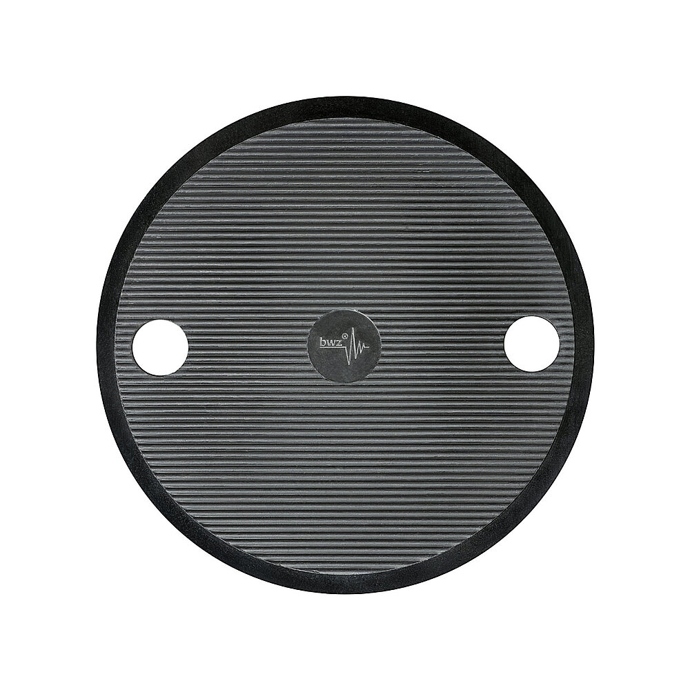 bottom side of a round machine foot made of black composite material with 100 mm diameter and in-laid black elastomer made of nitrile rubber NBR for non-slip protection, with fine horizontal grooved lines and two boreholes at the sides, as well as a centered logo of the company 'bwz Schwingungstechnik', isolated on white background