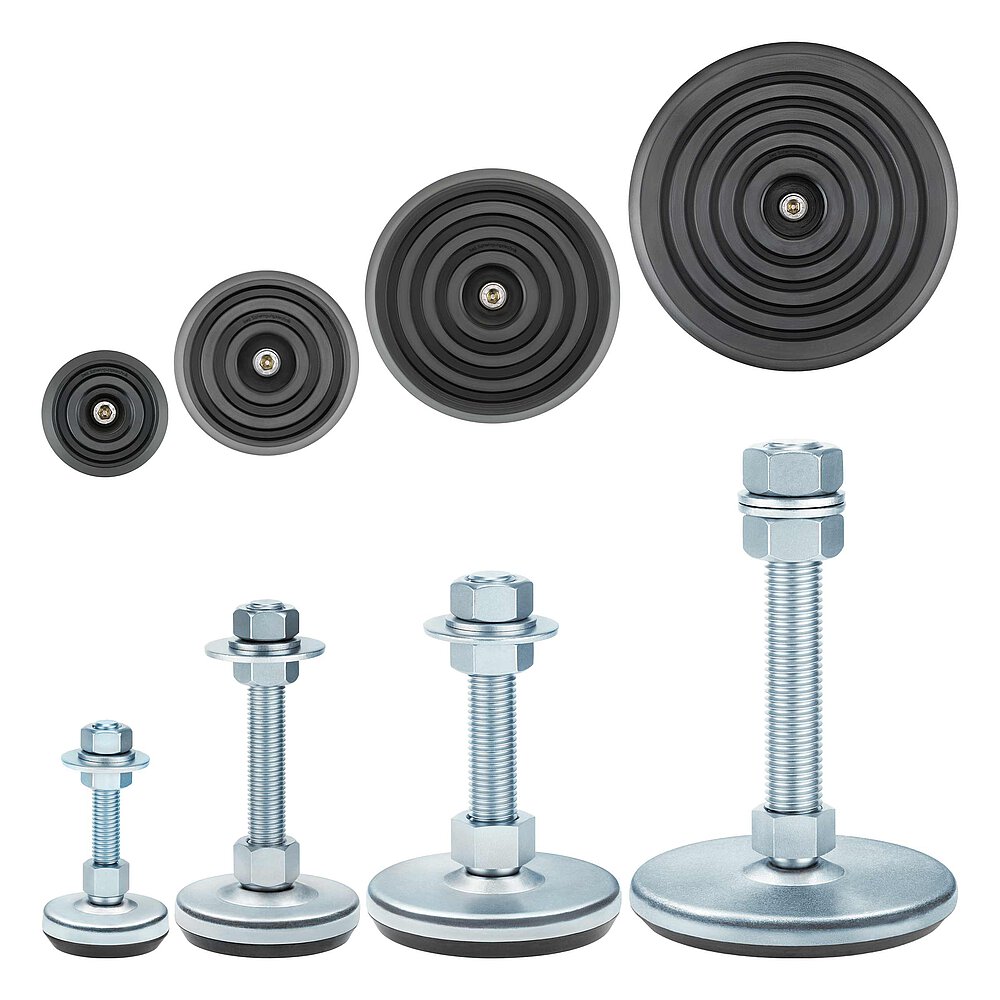 a group picture of four machine feet made of bluish-shiny zinc-coated steel with various diameters at the base, each with a thread in a pendulum-action cap nut atop the base plate and placed above, the additional respective flat-lay view of the black elastomer NBR with concentric non-slip protection profile underneath the base plate, isolated on white background