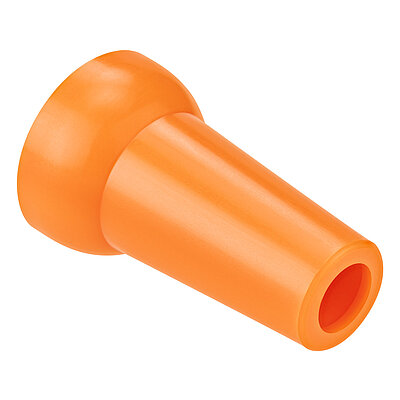 a plastik-made orange-coloured nozzle of the Aqua-Loc modular coolant hose series with click-action ballhead hinge at the rear and conical-shaped nozzle ending at the front, featuring an opening of 9 mm for conducting cutting coolant liquids, isolated on white background
