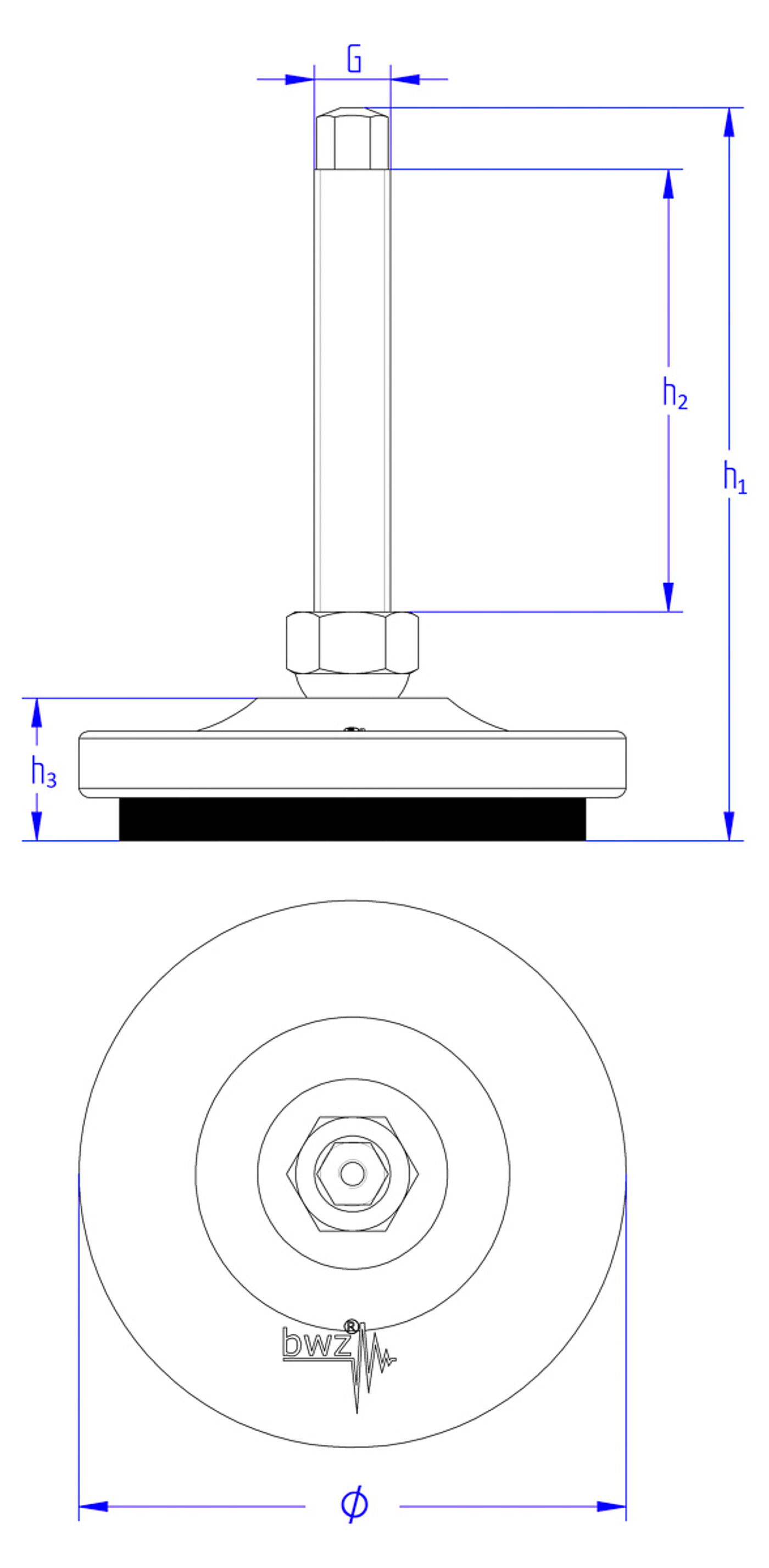schematic drawing of a round levelling element made of cast iron, with a pendulum-action levelling screw with a hexagonal spanner flat at the top end, placed in a hexagonal cap nut sitting on top of the cast iron corpus, with the corpus and cap nut tightly connected to each other against falling apart, and elastomer for vibration damping at the bottom, in the side view and the view from the top
