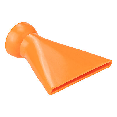 a plastik-made orange-coloured nozzle of the Aqua-Loc modular coolant hose series with click-action ballhead hinge at the rear and flat-shaped nozzle ending at the front, featuring a slit opening of 75 mm for conducting cutting coolant liquids, isolated on white background