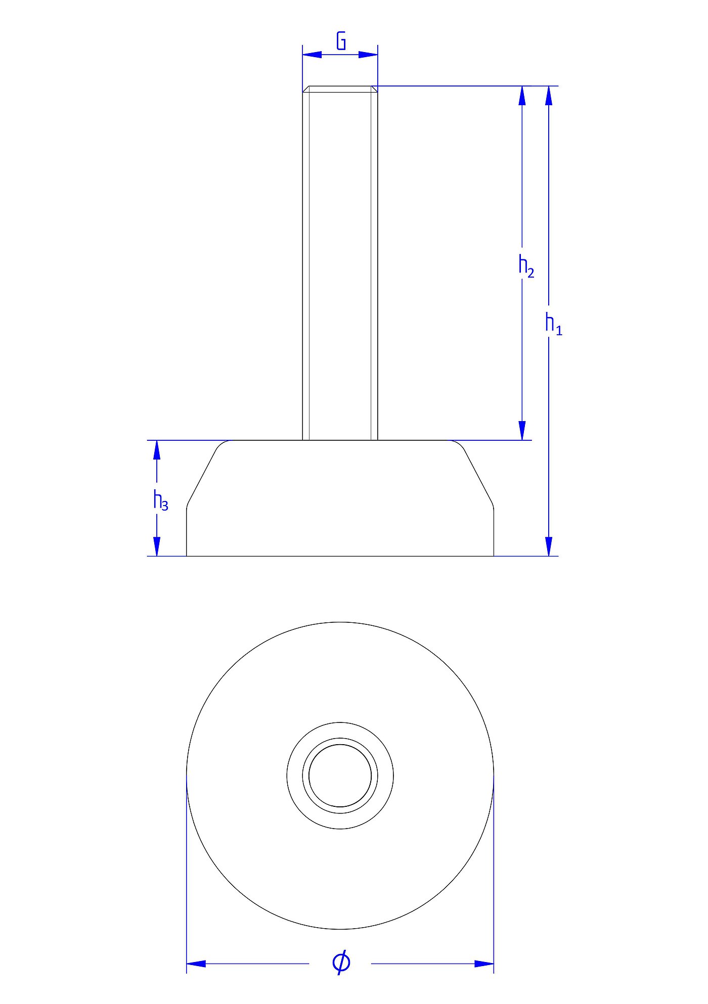 schematische Zeichnung eines runden einschraubbaren Gerätefußes mit 50 mm Durchmesser und fest eingebetteter Nivellierschraube in der Seitenansicht und in der Draufsicht