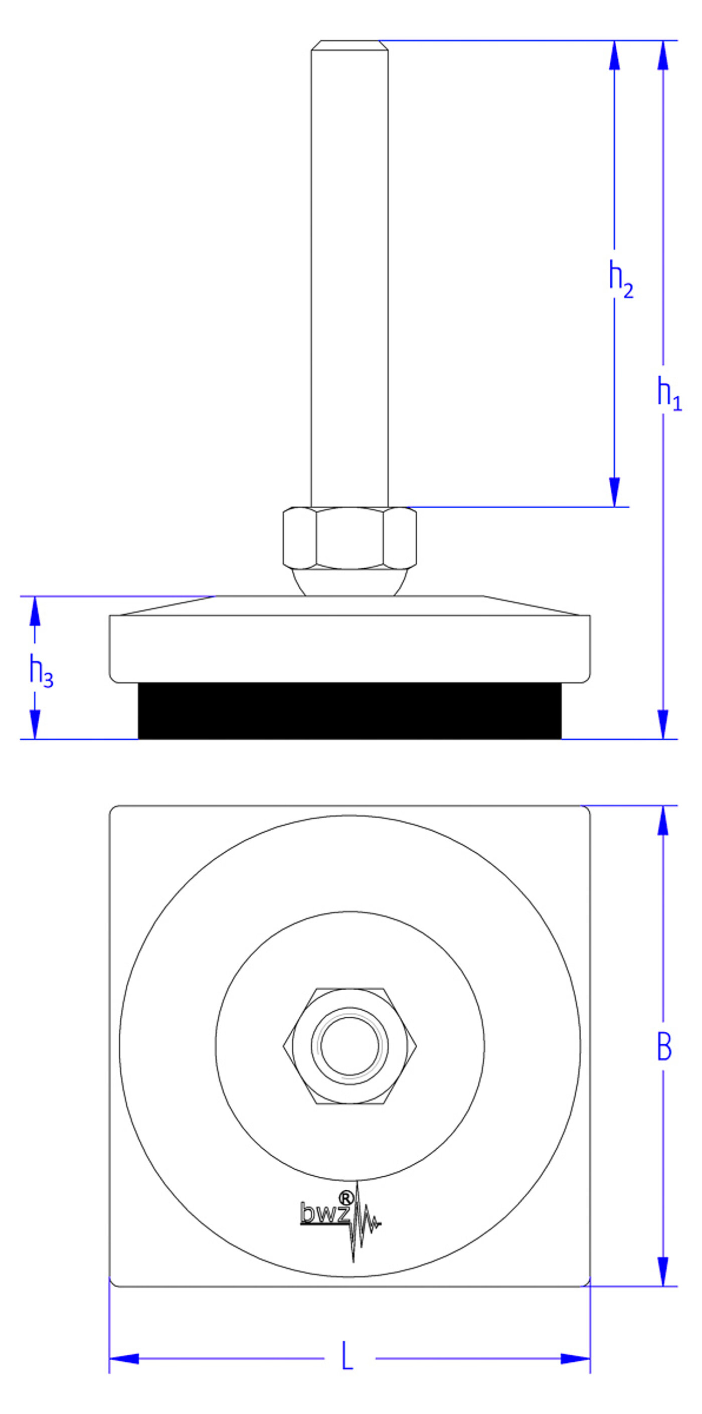 schematische Zeichnung eines quadratischen Nivellierelementes mit pendelnd und auseinanderfallgesichert in einer auf dem Gusskorpus platzierten Sechskanthutmutter gelagerter verzinkter Nivellierschraube oben und Elastomer zur Schwingungsdämpfung unten, in der Seitenansicht und in der Draufsicht