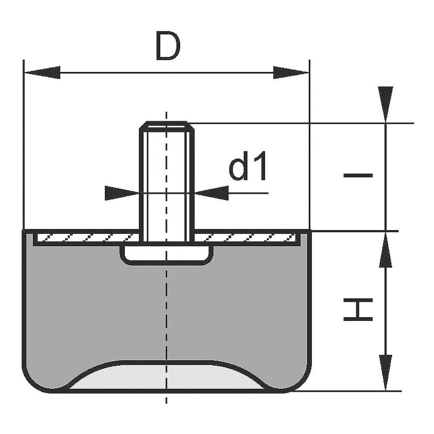 schematische Zeichnung eines Gummi-Metall-Elementes mit einseitigem Außengewinde und zylindrischem Elastomerkorpus mit Saugvertiefung