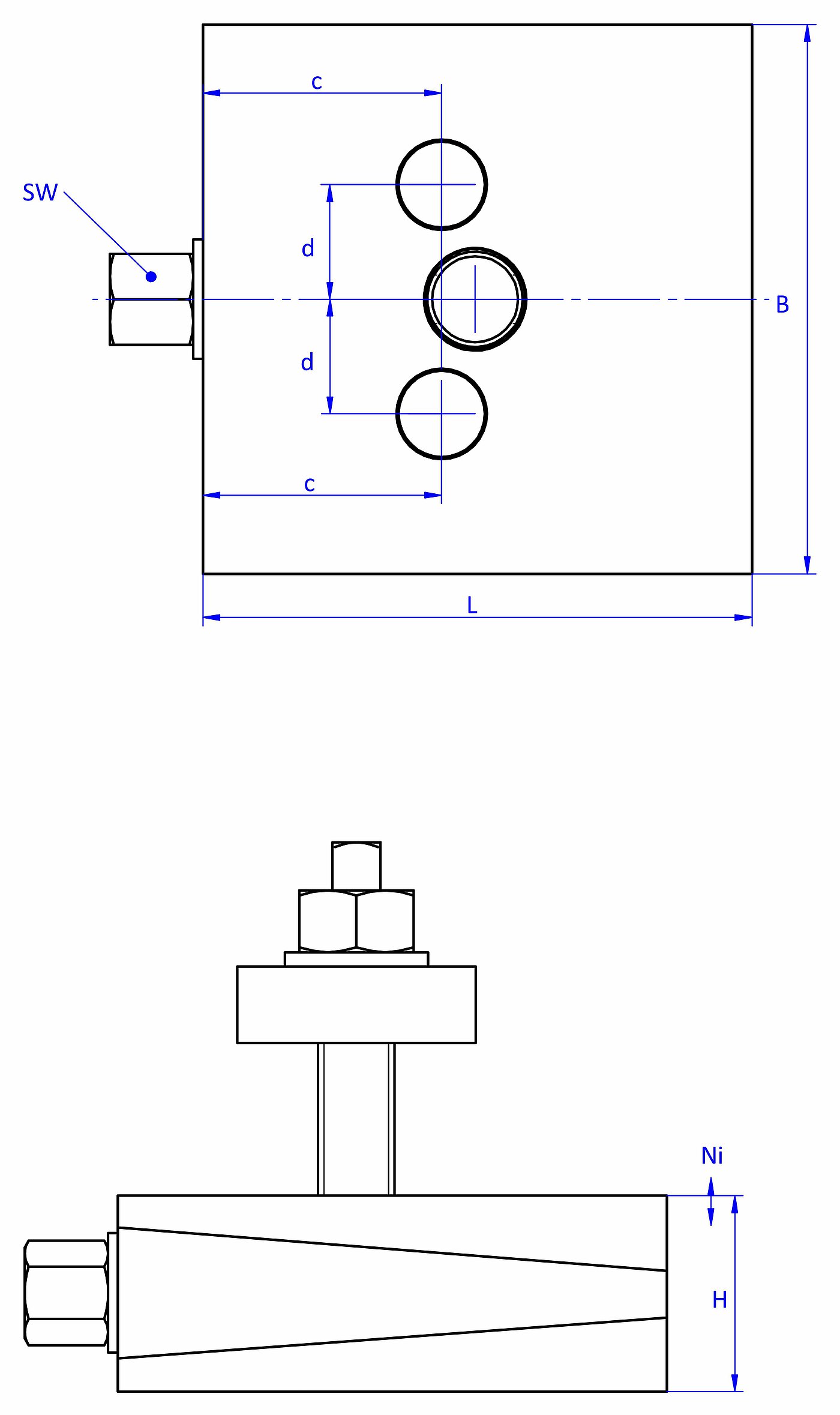 schematische Zeichnung eines durchschraubbaren Maschinenschuhs, in der Draufsicht mit zwei Durchgangslöchern im Oberteil und Unterteil, und in der Seitenansicht mit einer durch das Unterteil durchgehenden Befestigungsschraube mit Isolierscheibe