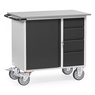 ein grauer FETRA® Werkstattwagen mit Schrank und 4 Schubladen auf weißem Hintergrund
