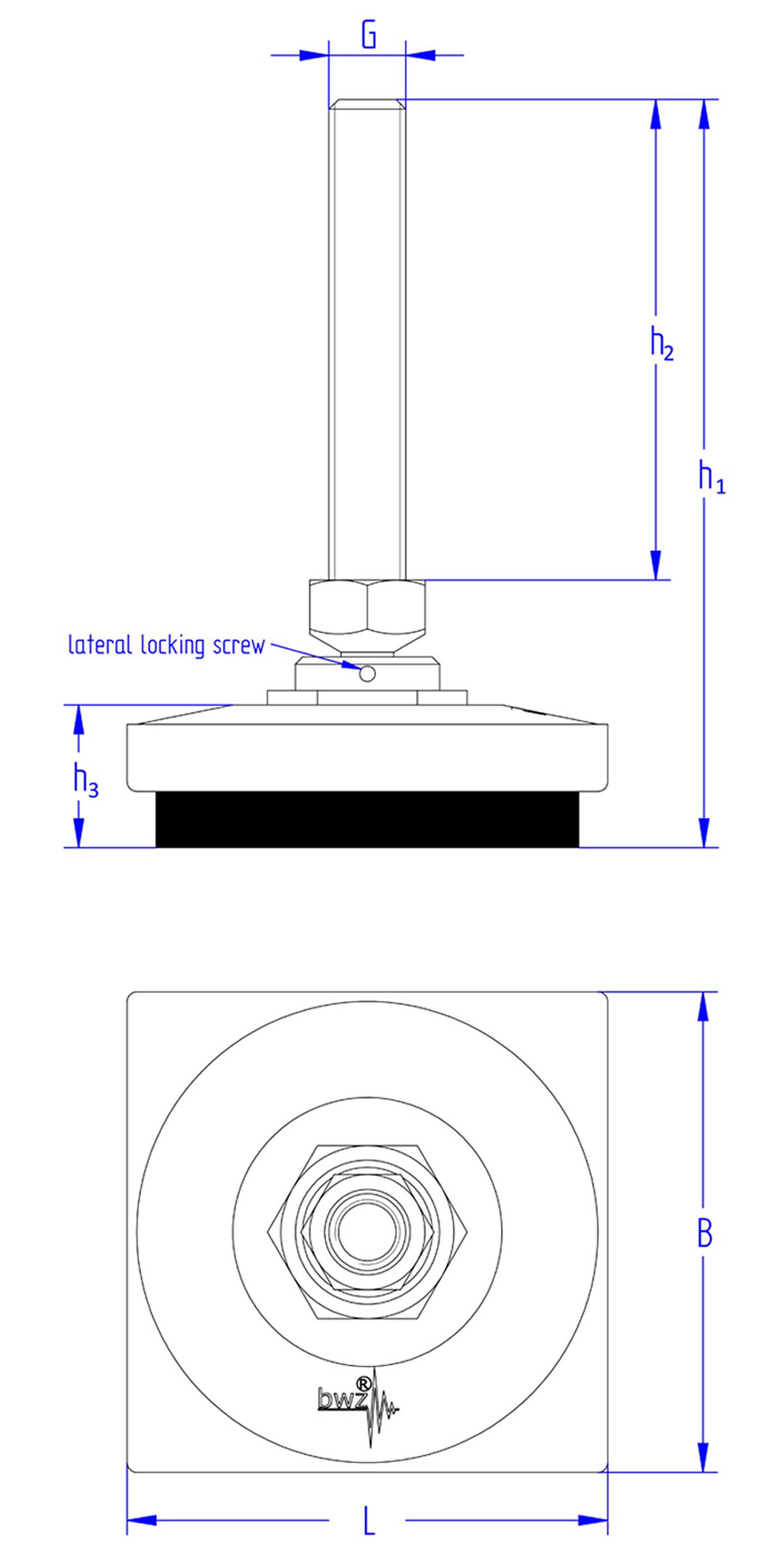 schematic drawing of a square levelling element made of cast iron, with a pendulum-action levelling screw placed in a pressure fitting on top of the cast iron corpus, secured with two small grub screws on the sides against falling apart, and elastomer for vibration damping at the bottom, in the side view and the view from the top