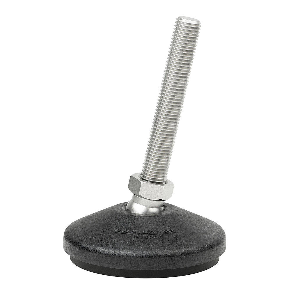 a round, upwards conically tapering machine foot made of black composite material with 100 mm diameter at the base, black elastomer NBR for non-slip protection at the bottom and slightly to the right tilted stainless steel thread M16x100 mm in a pendulum-action hexagonal spanner flat ball joint, isolated on white background