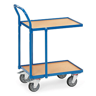 ein blauer FETRA® Rollwagen für Eurokästen mit zwei Etagen und Schiebebügel auf weißem Hintergrund