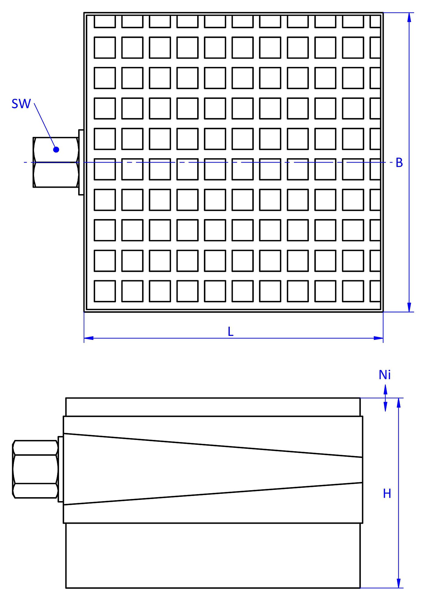schematische Zeichnung eines freistehenden Maschinenschuhs, in der Draufsicht mit dünnerem Elastomer mit Profilierung auf dem Oberteil für Gleitschutz, und in der Seitenansicht zusätzlich mit dickem Elastomer mit Profilierung zur Schwingungsisolierung unten