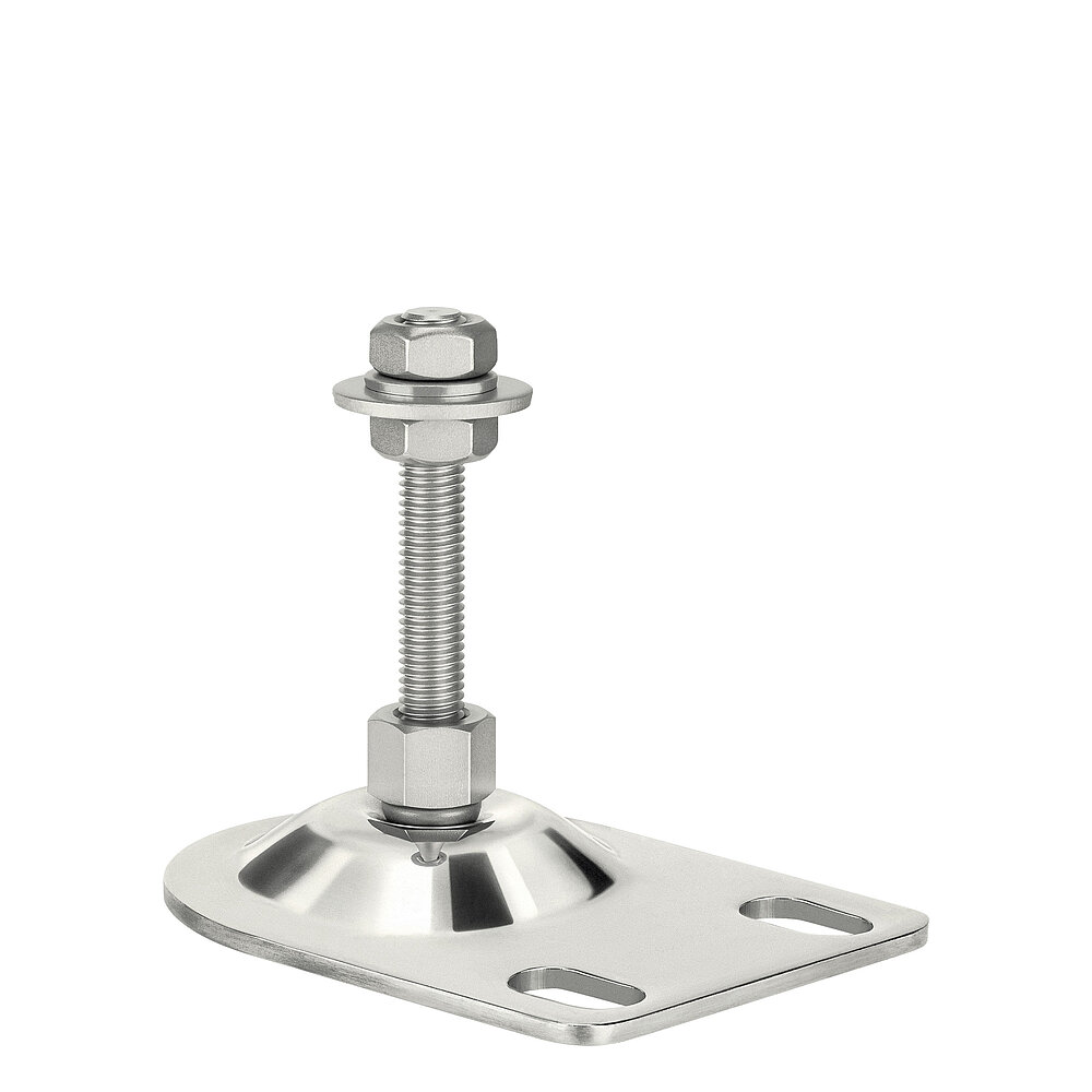 an elongated machine foot made of shiny stainless steel with oblong holes for floor-fastening and thread M10x50 mm in a pendulum-action cap nut, isolated on white background
