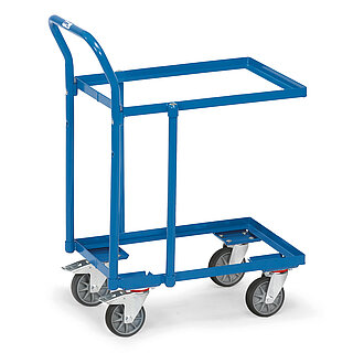 ein blauer FETRA® Rollwagen für Eurokästen mit Schiebebügel auf weißem Hintergrund