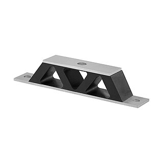 a rubber-metal bar-style bearing with twice-drilled bottom plate at the ends, centre-drilled carrier plate at the top and a black elastomer corpus with three triangular-shaped hollow chambers in between, isolated on white background