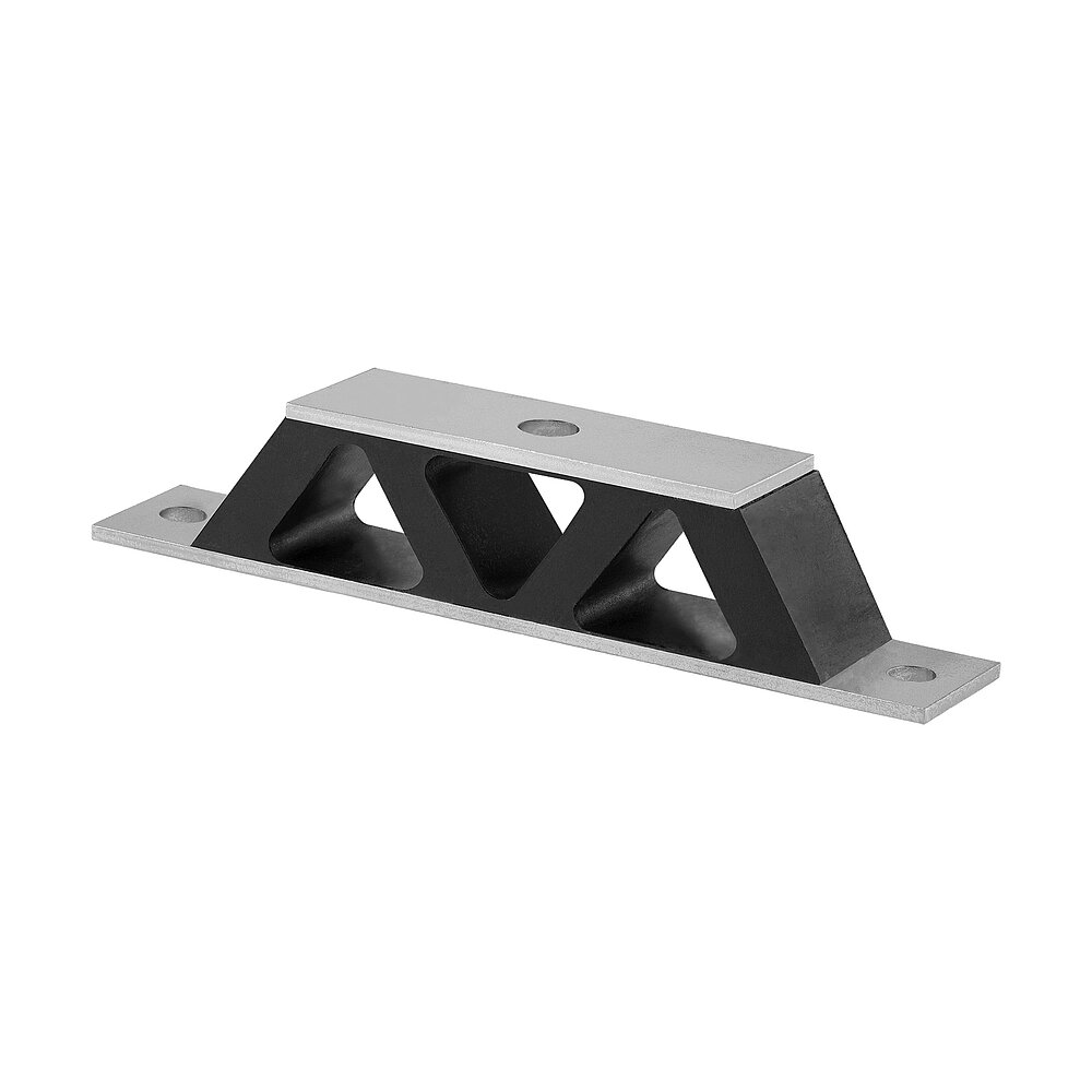 a rubber-metal bar-style bearing with twice-drilled bottom plate at the ends, centre-drilled carrier plate at the top and a black elastomer corpus with three triangular-shaped hollow chambers in between, isolated on white background